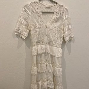LOVESHACKFANCY Rebecca Embroidered White Eyelet Lace Tiered Ruffle Midi Dress